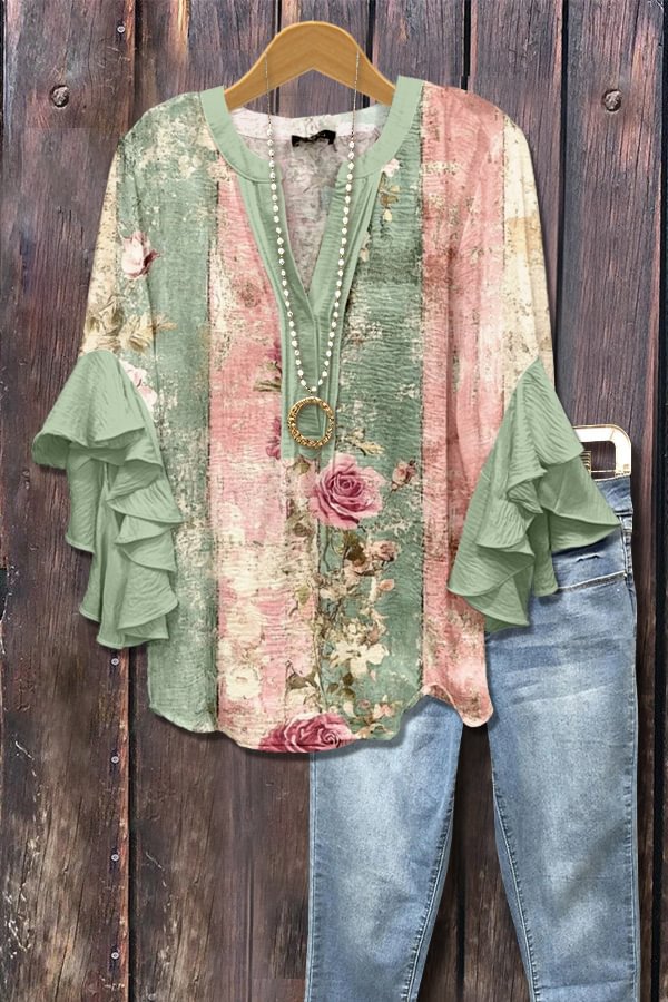Khaki green blouse with 3D floral print