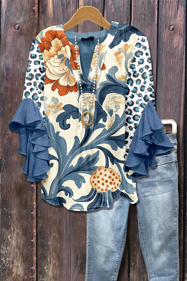 Blue Stem Blouse with 3D Floral Print