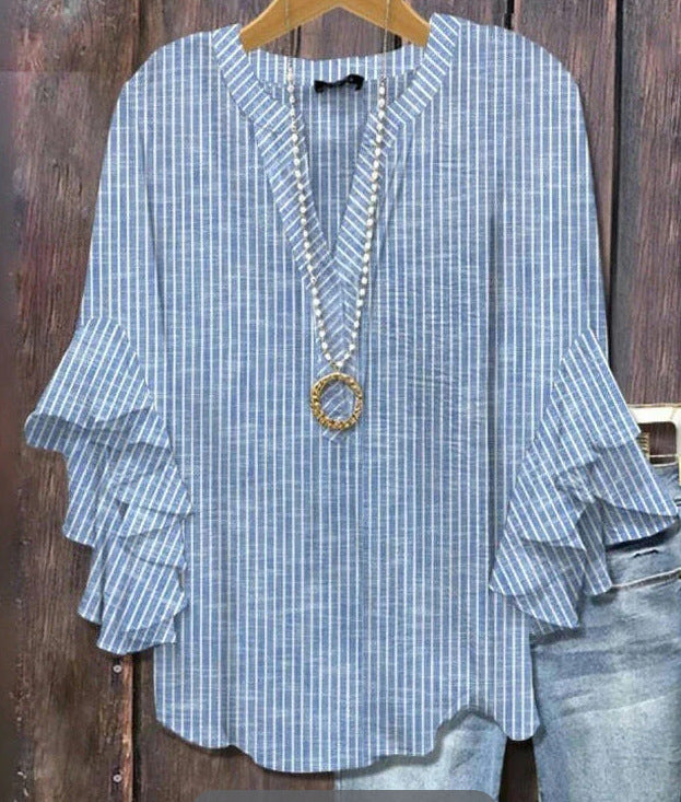 Blue striped blouse with 3D floral print