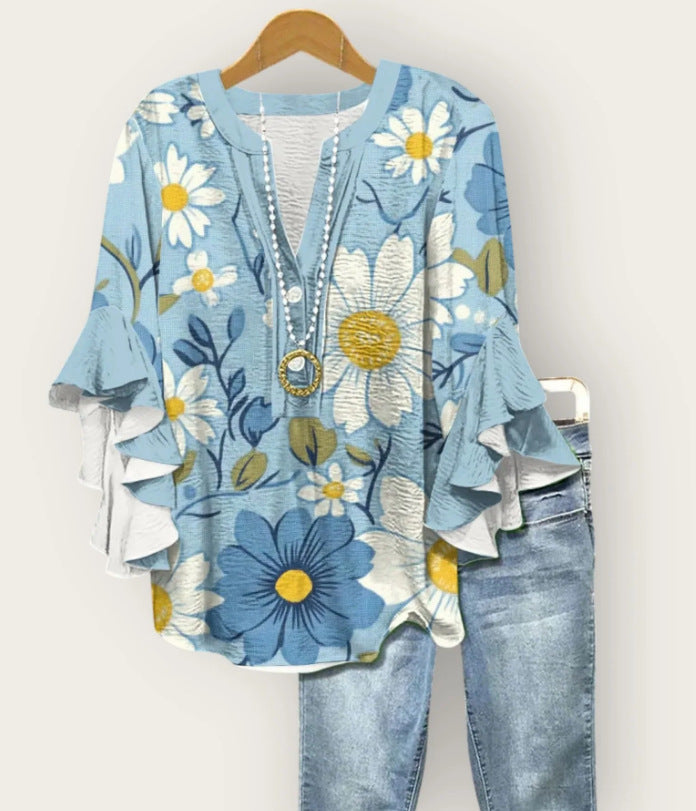 Blue 3D floral print blouse