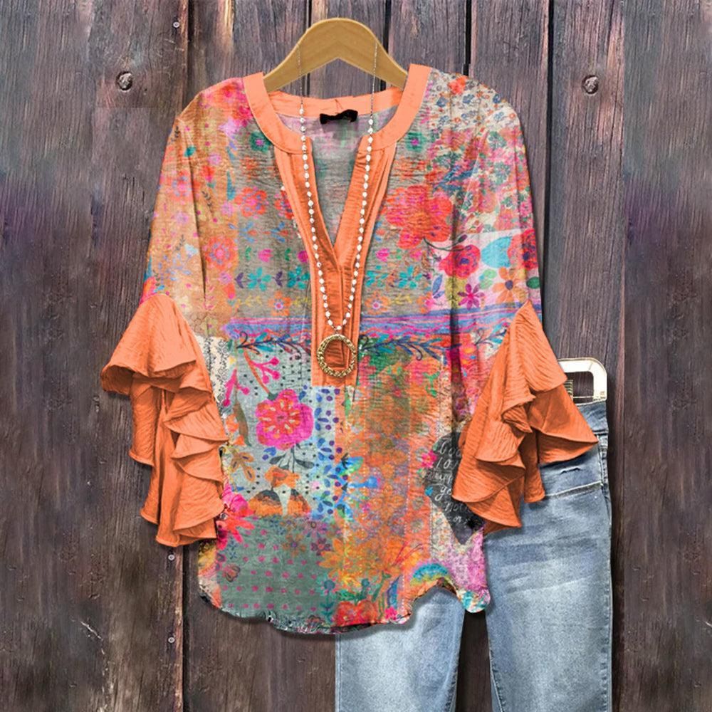 Dark orange blouse with 3D floral print