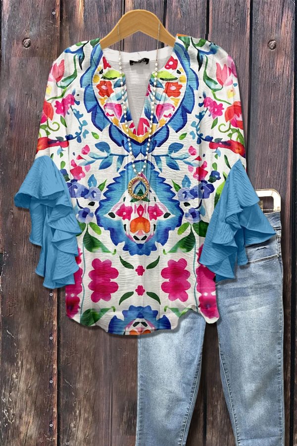 Blue floral blouse with 3D floral print