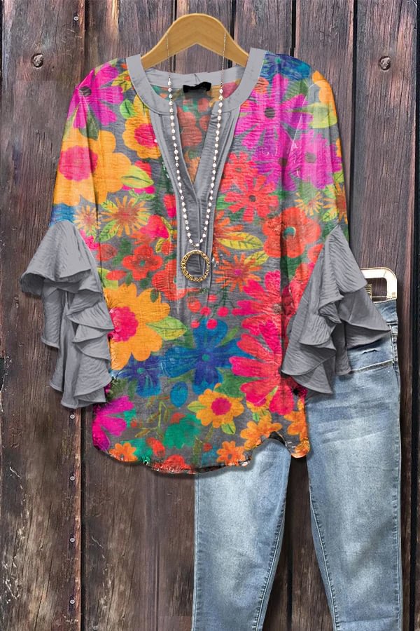 Gray floral blouse with 3D floral print