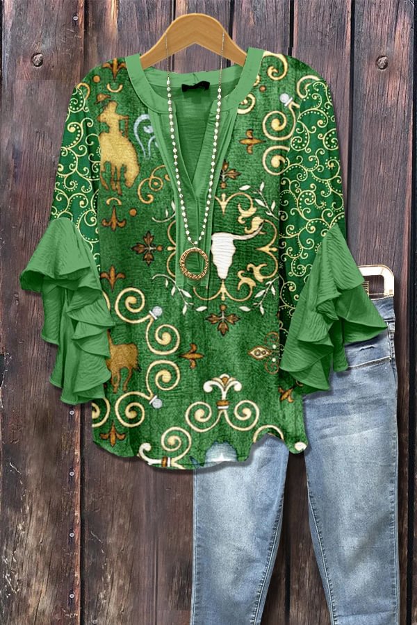 Navy green blouse with 3D floral print