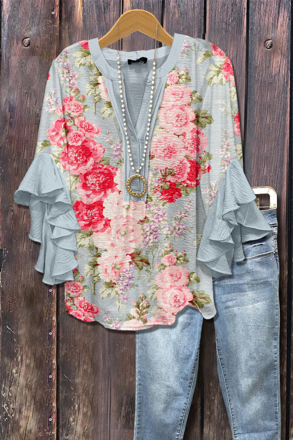 Pink blue 3D floral print blouse