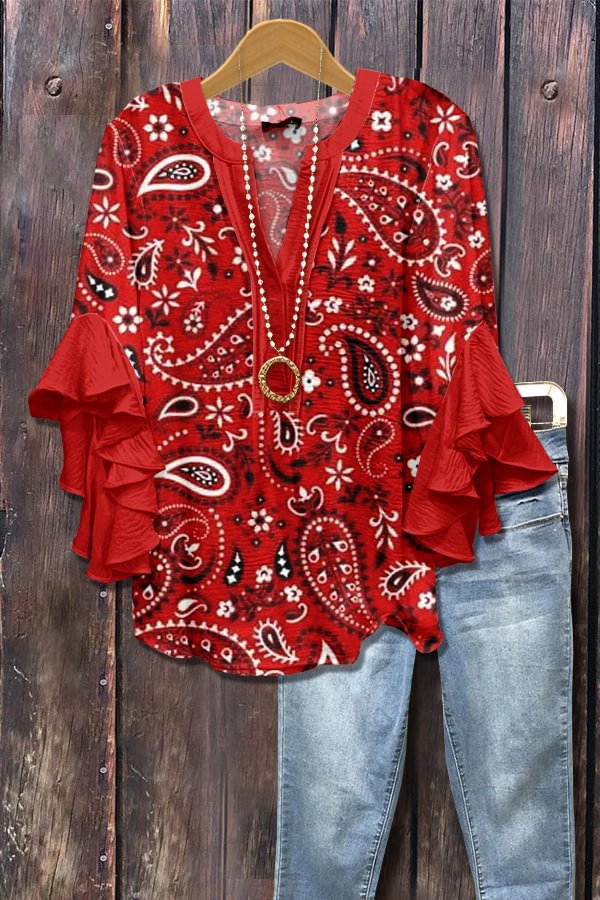 Red 3D floral print blouse