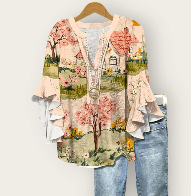 Soft pink 3D floral print blouse