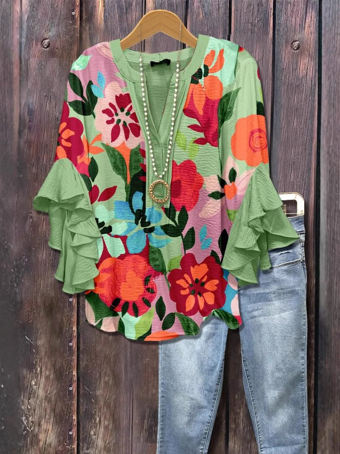Green 3D floral print blouse