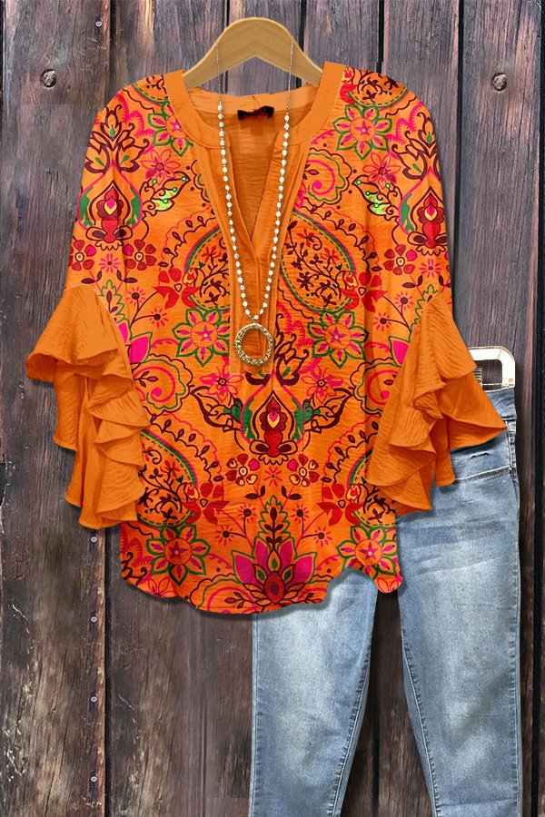Orange 3D floral print blouse