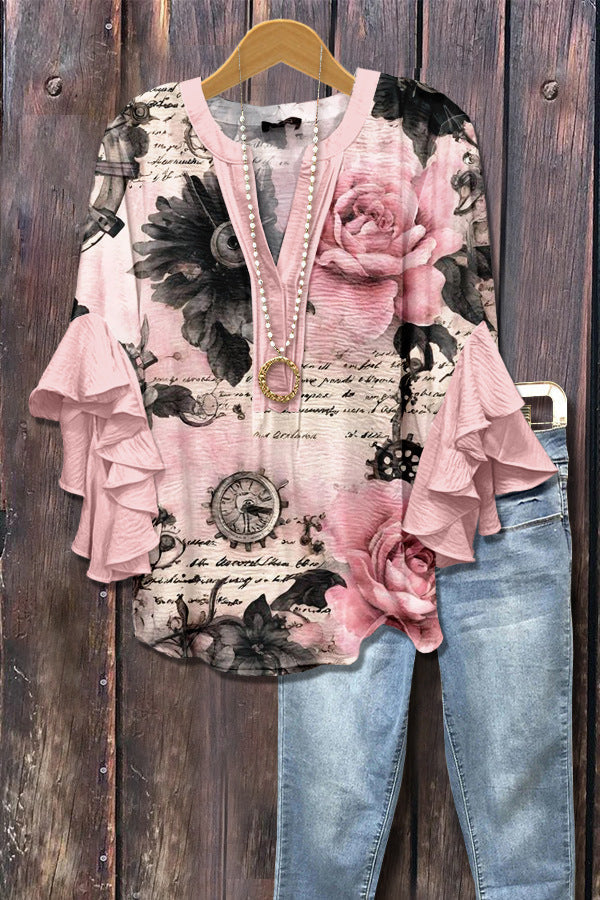 Black pink 3D floral print blouse