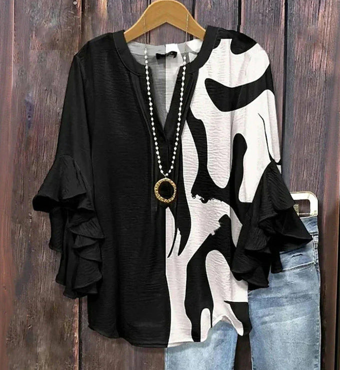 Black and white 3D floral print blouse