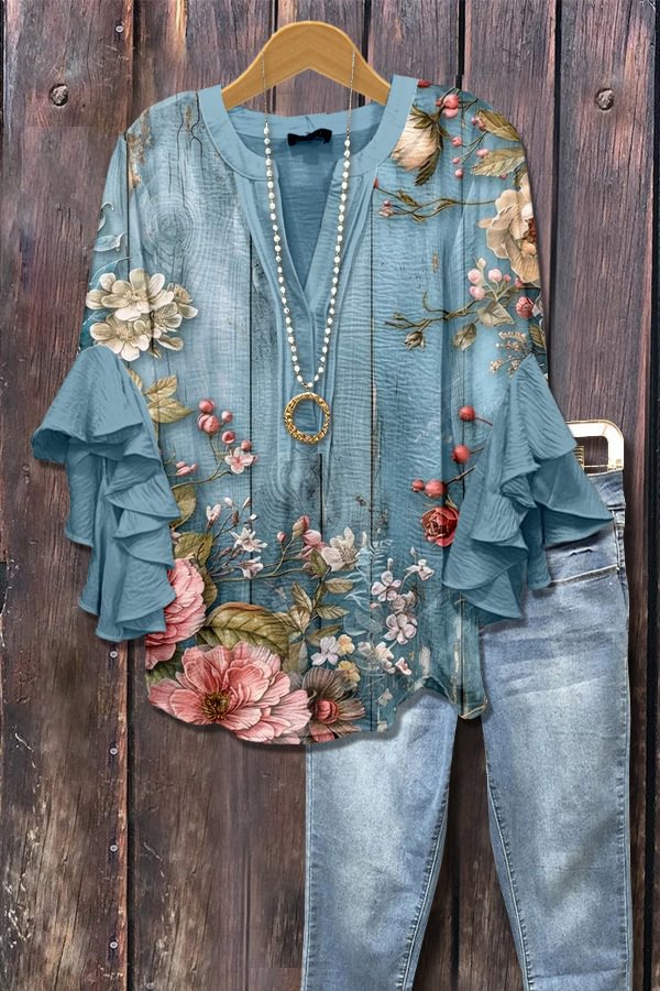 Blue 3D floral print blouse