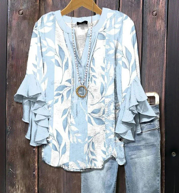 Blue and white 3D floral print blouse