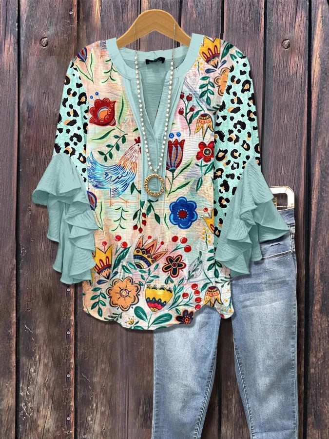 Cyan 3D Floral Print Blouse