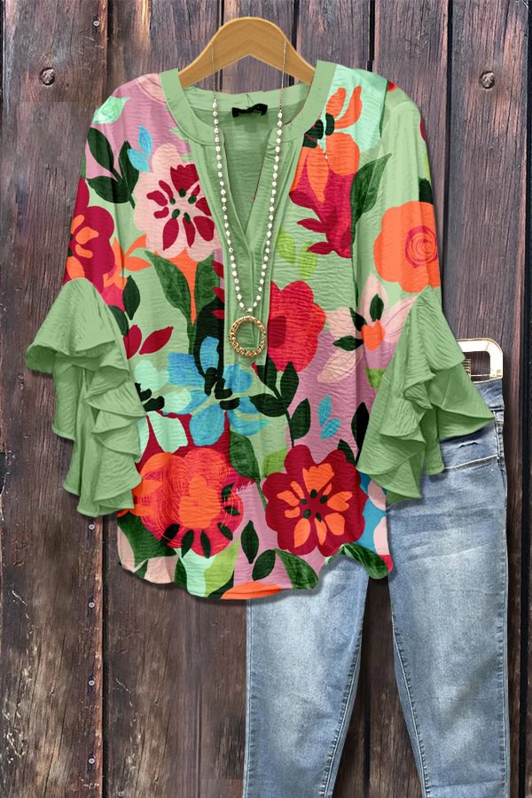 Green floral blouse with 3D floral print