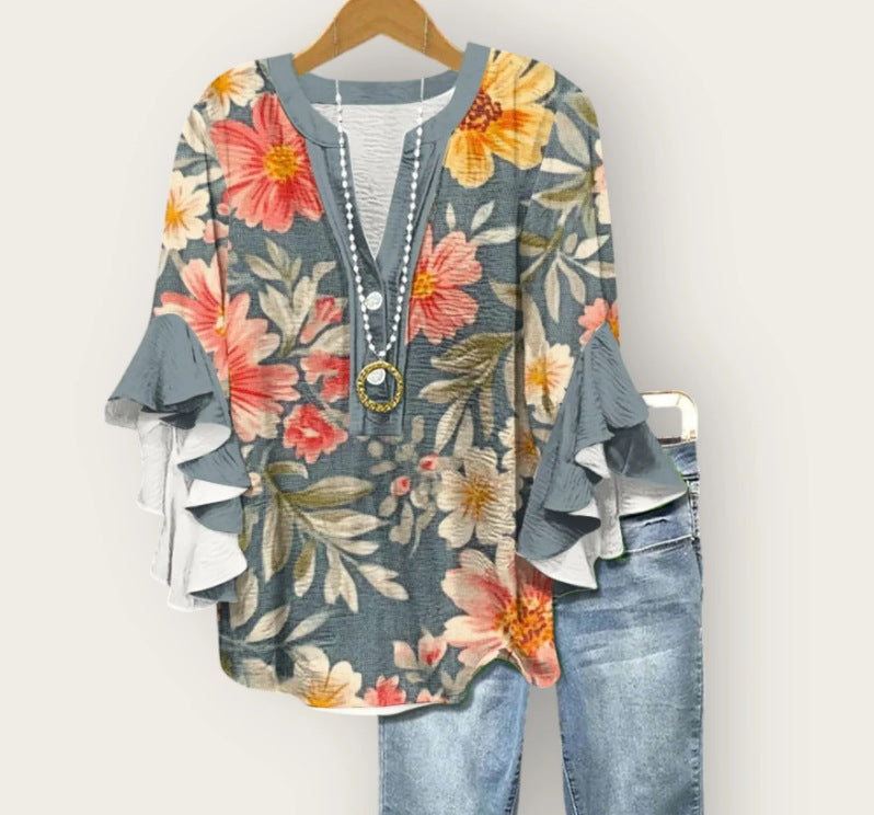 Gray floral blouse with 3D floral print