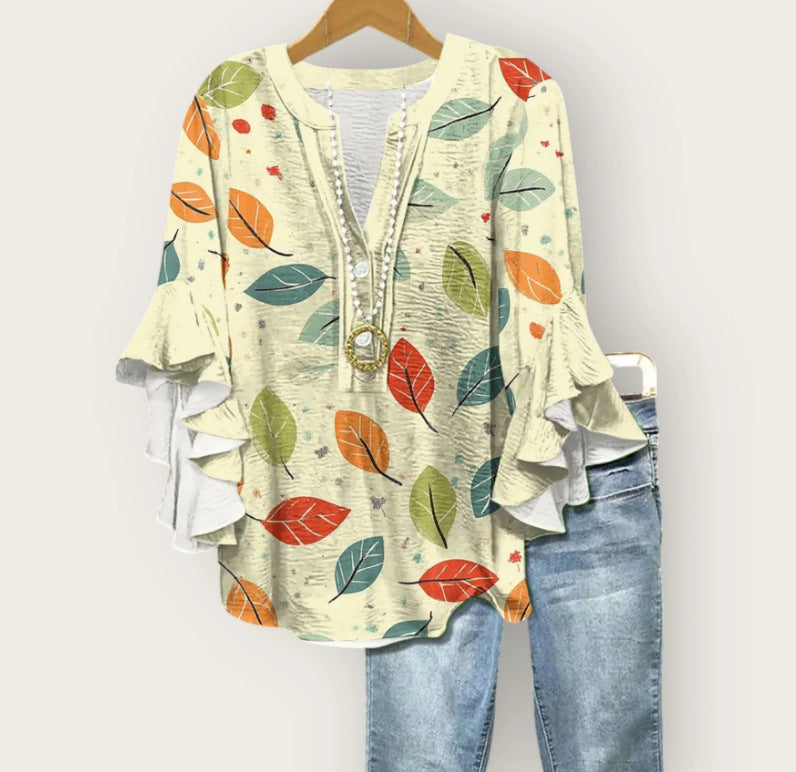 Leafy Cream 3D Floral Print Blouse
