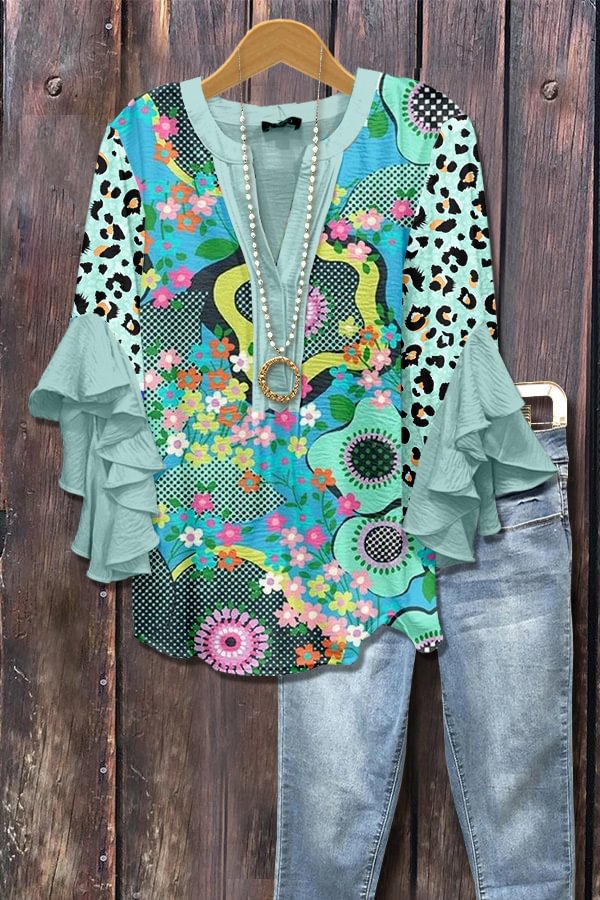 Blue Polka Dot Blouse with 3D Floral Print