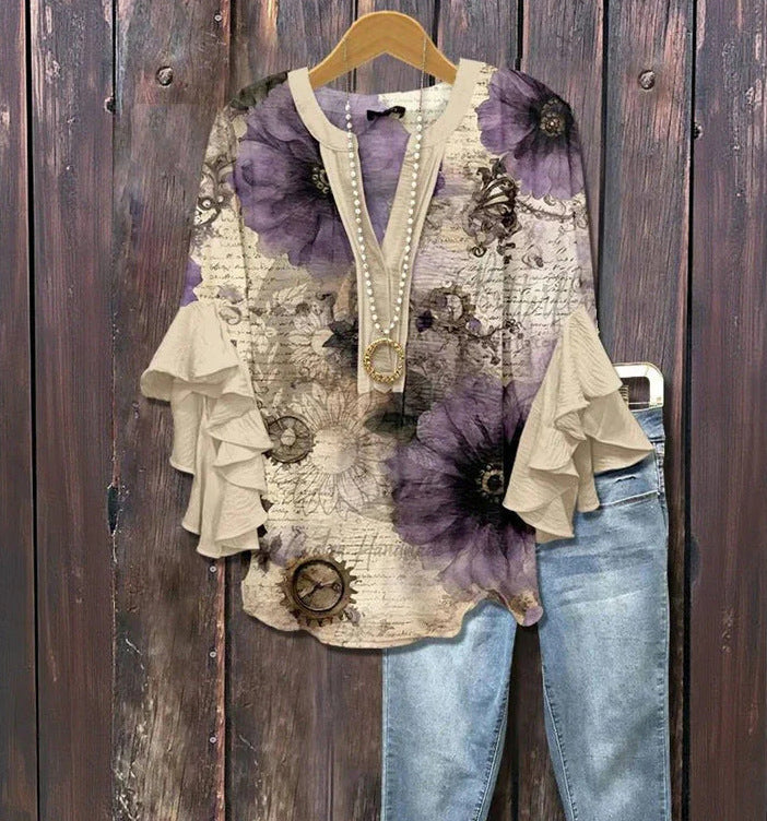 Wheat brown blouse with 3D floral print