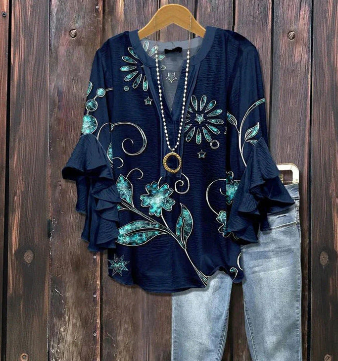 Blue starry blouse with 3D floral print