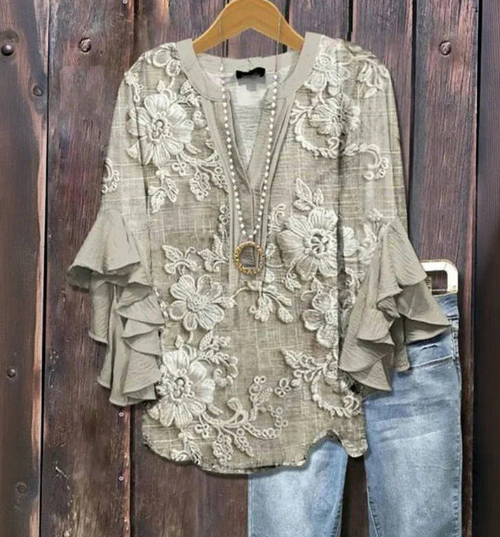 Vintage 3D Floral Print Blouse