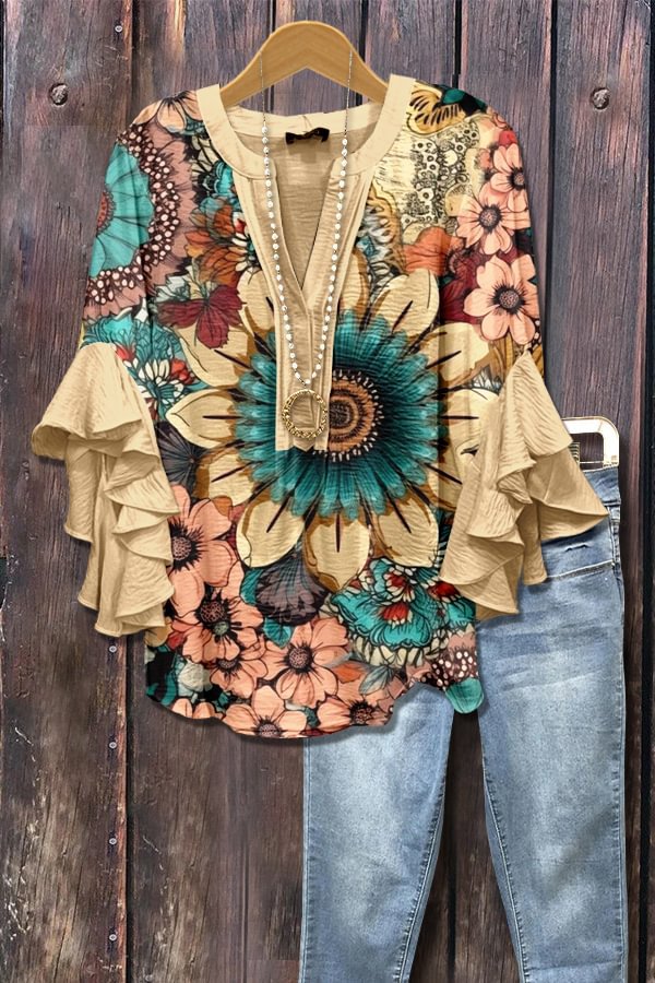 Yellow floral blouse with 3D floral print