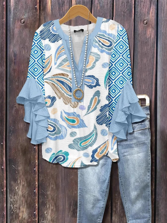 Blue and white 3D floral print blouse